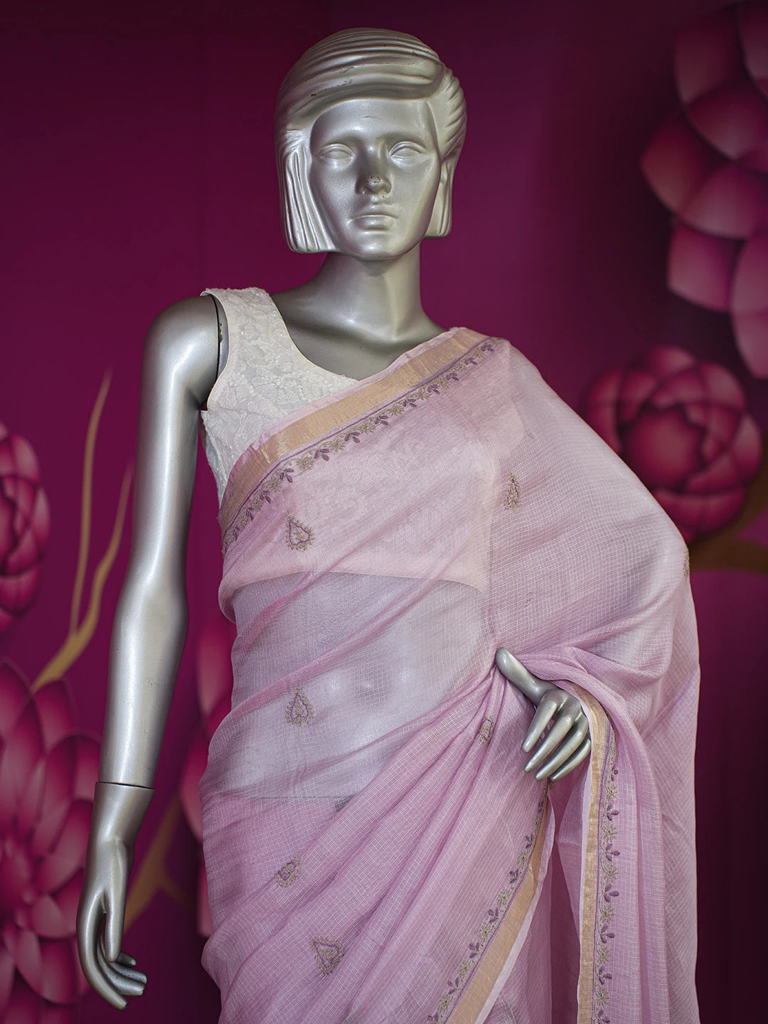 Ada Hand Embroidered Mauve Kota Silk Lucknowi Chikankari Saree and Blouse 01A604709