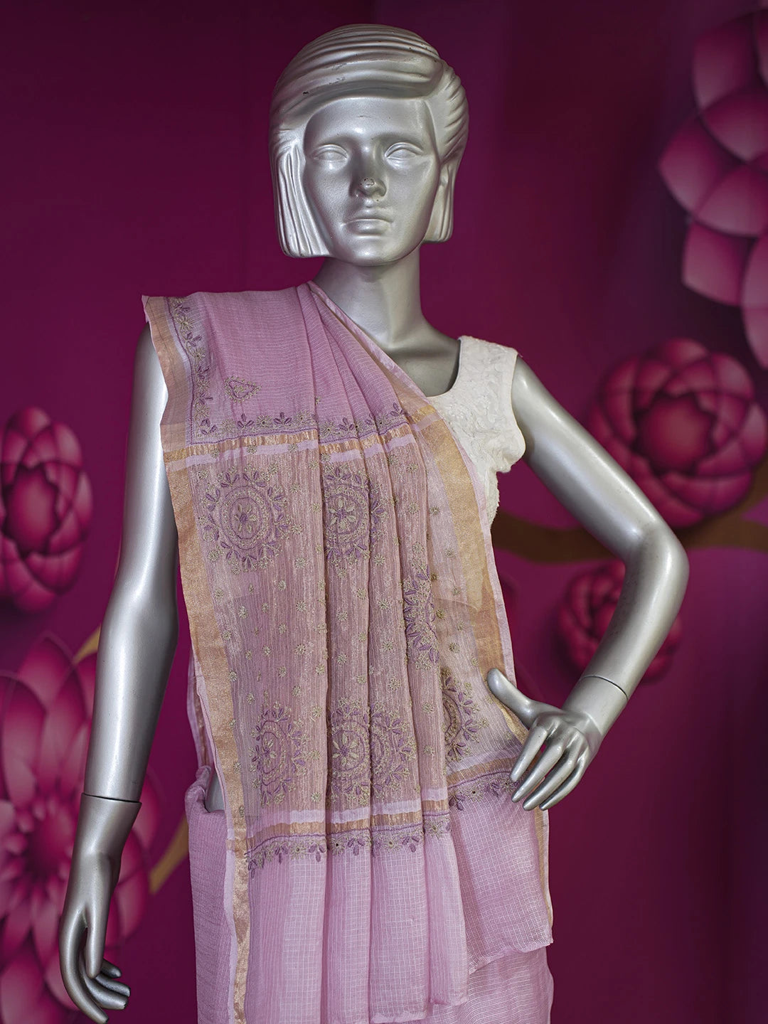 Ada Hand Embroidered Mauve Kota Silk Lucknowi Chikankari Saree and Blouse 01A604709