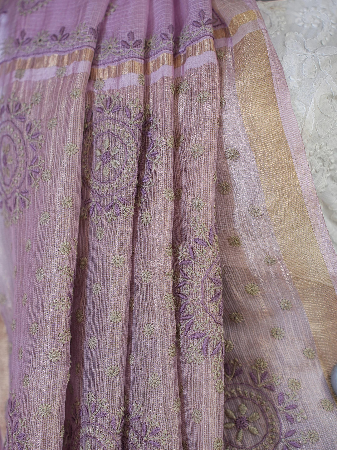 Ada Hand Embroidered Mauve Kota Silk Lucknowi Chikankari Saree and Blouse 01A604709