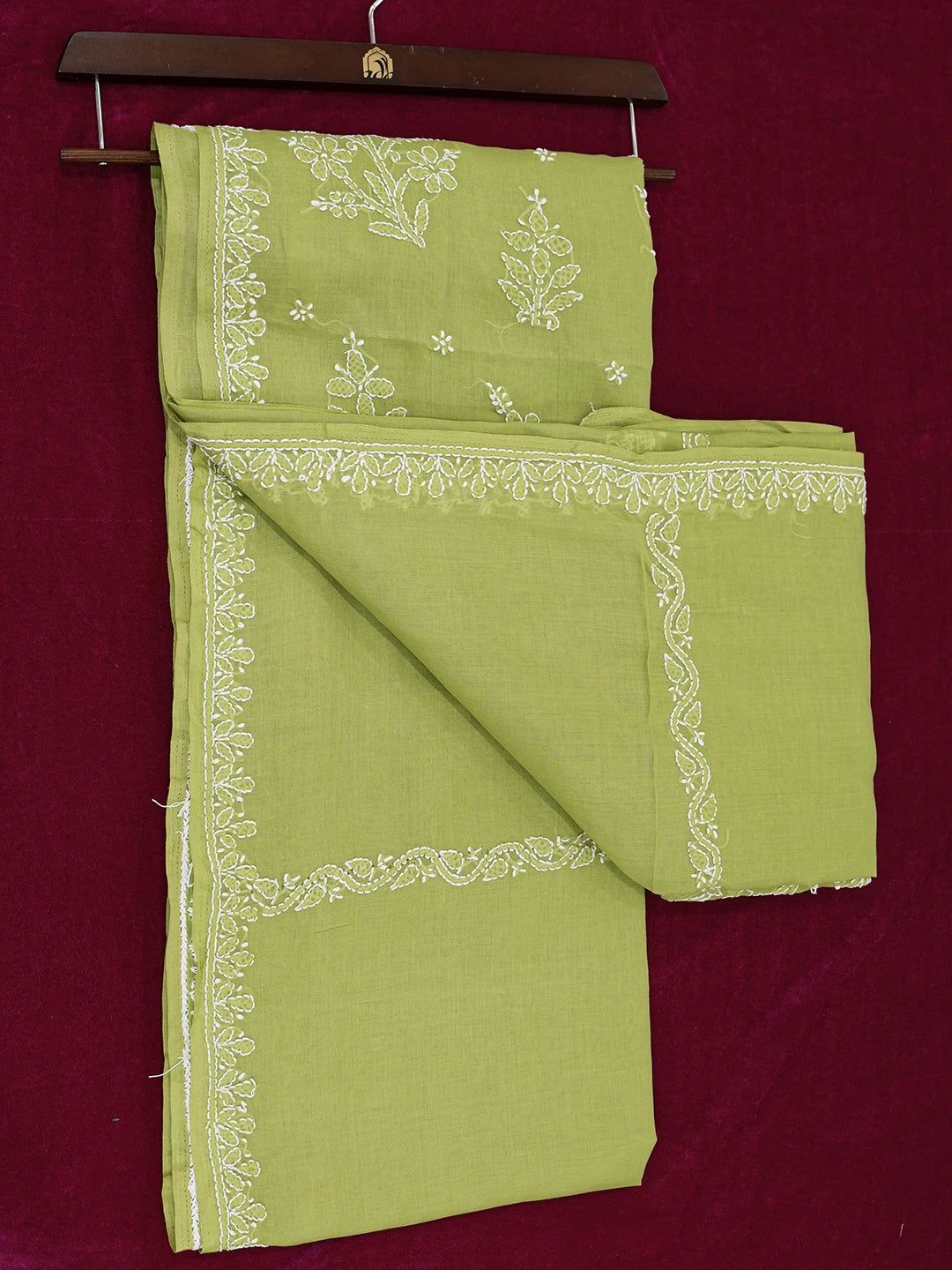 Ada Hand Embroidered Lime Green Cotton Lucknowi Chikankari Saree and Blouse 01A583445