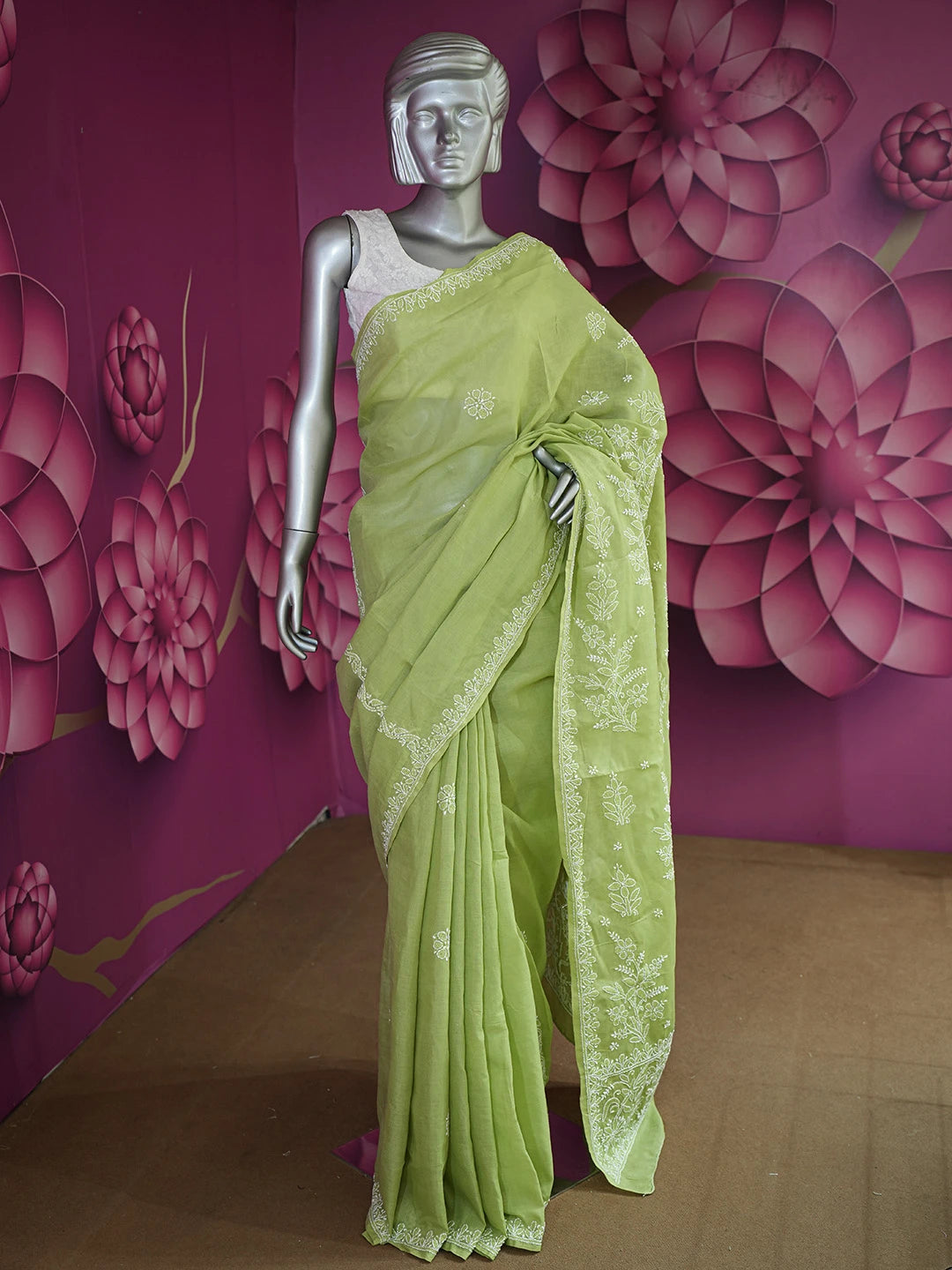 Ada Hand Embroidered Lime Green Cotton Lucknowi Chikankari Saree and Blouse 01A583445