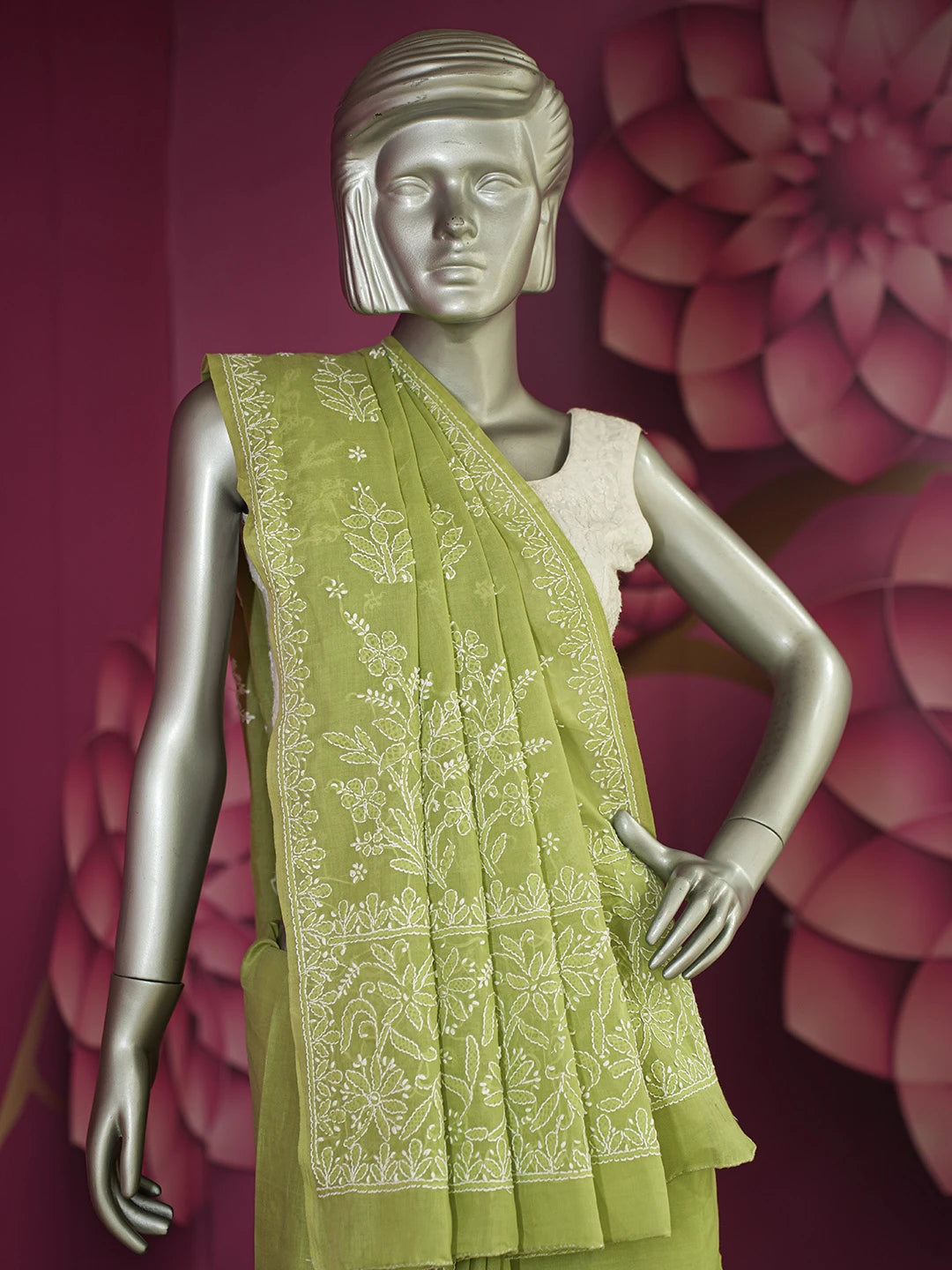 Ada Hand Embroidered Lime Green Cotton Lucknowi Chikankari Saree and Blouse 01A583445