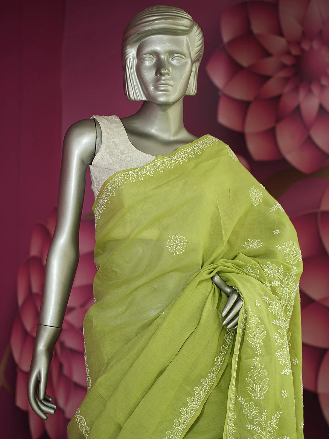 Ada Hand Embroidered Lime Green Cotton Lucknowi Chikankari Saree and Blouse 01A583445