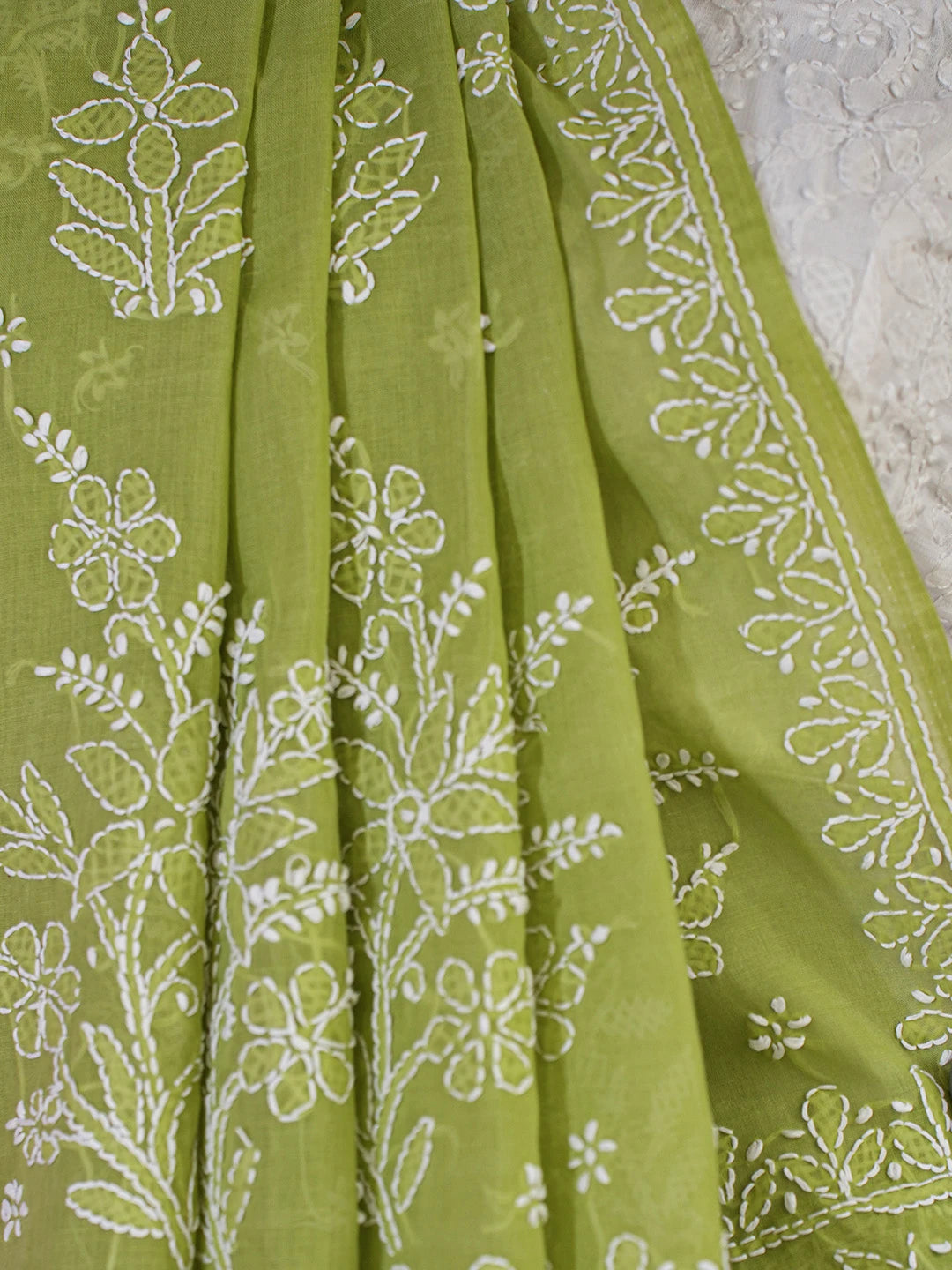 Ada Hand Embroidered Lime Green Cotton Lucknowi Chikankari Saree and Blouse 01A583445
