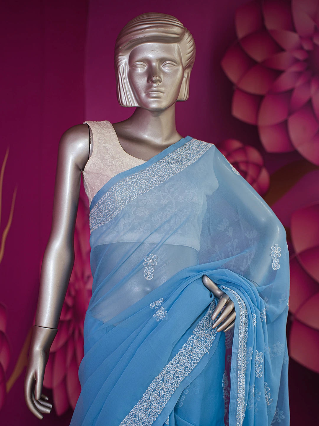 Ada Hand Embroidered Blue Georgette Lucknowi Chikankari Saree and Blouse 01A507050