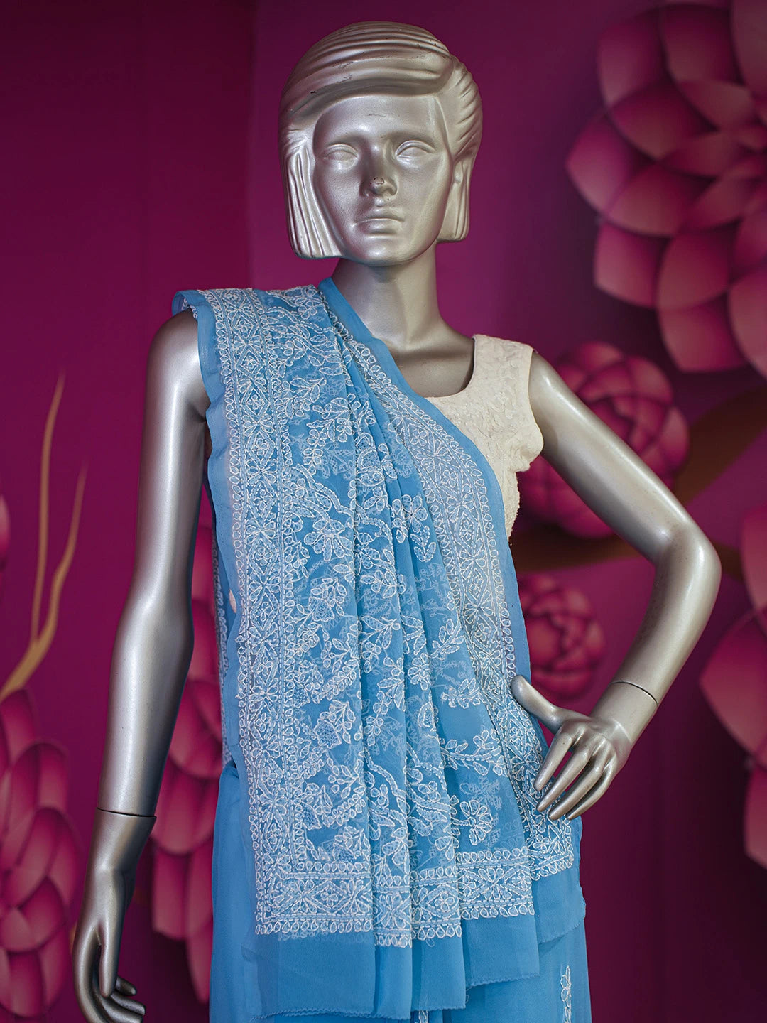 Ada Hand Embroidered Blue Georgette Lucknowi Chikankari Saree and Blouse 01A507050