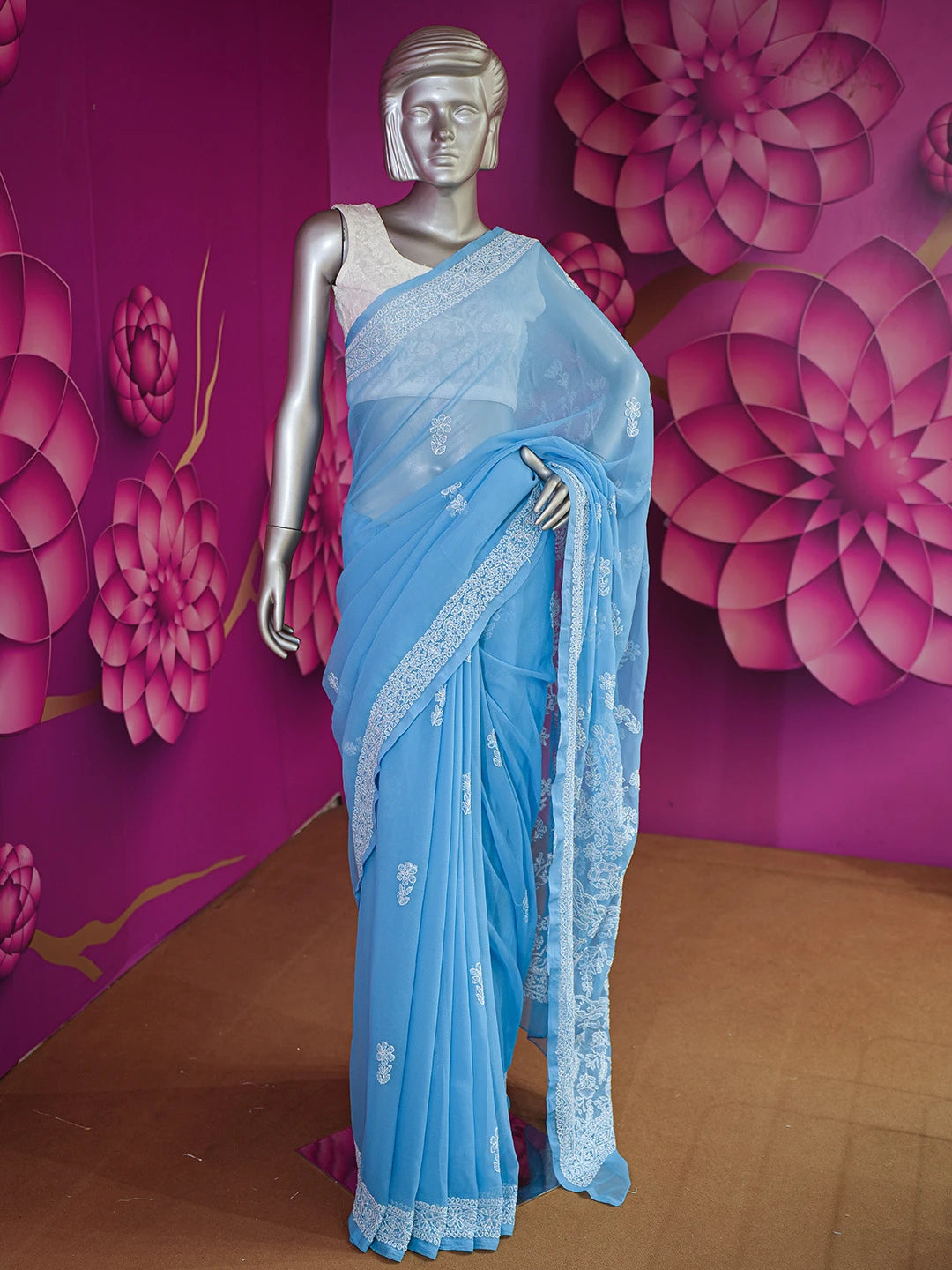 Ada Hand Embroidered Blue Georgette Lucknowi Chikankari Saree and Blouse 01A507050