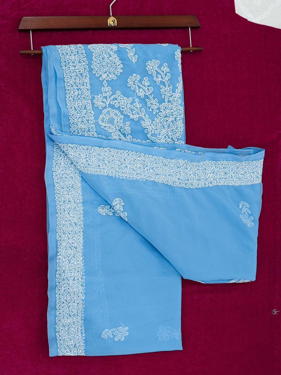 Ada Hand Embroidered Blue Georgette Lucknowi Chikankari Saree and Blouse 01A507050