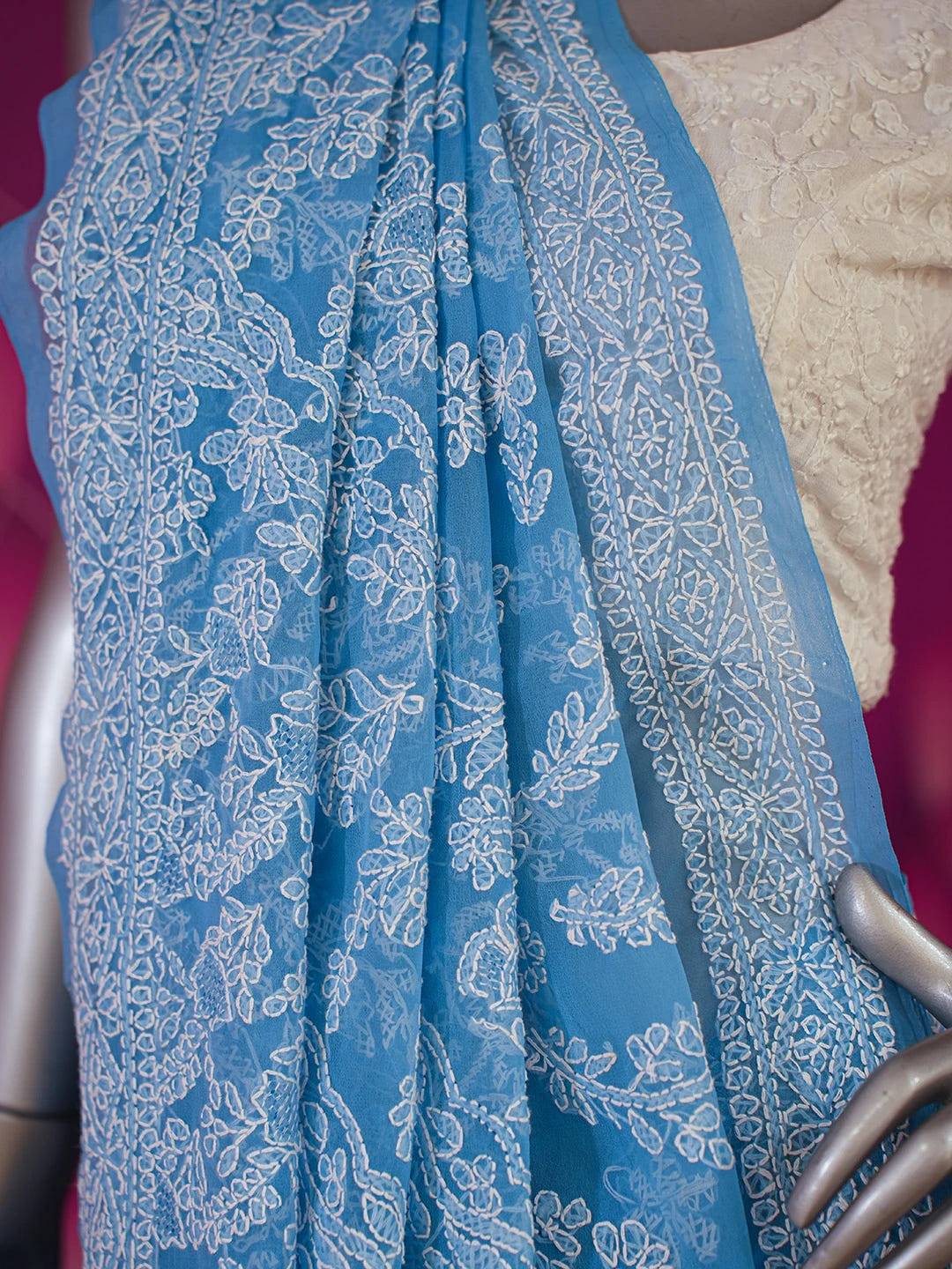 Ada Hand Embroidered Blue Georgette Lucknowi Chikankari Saree and Blouse 01A507050