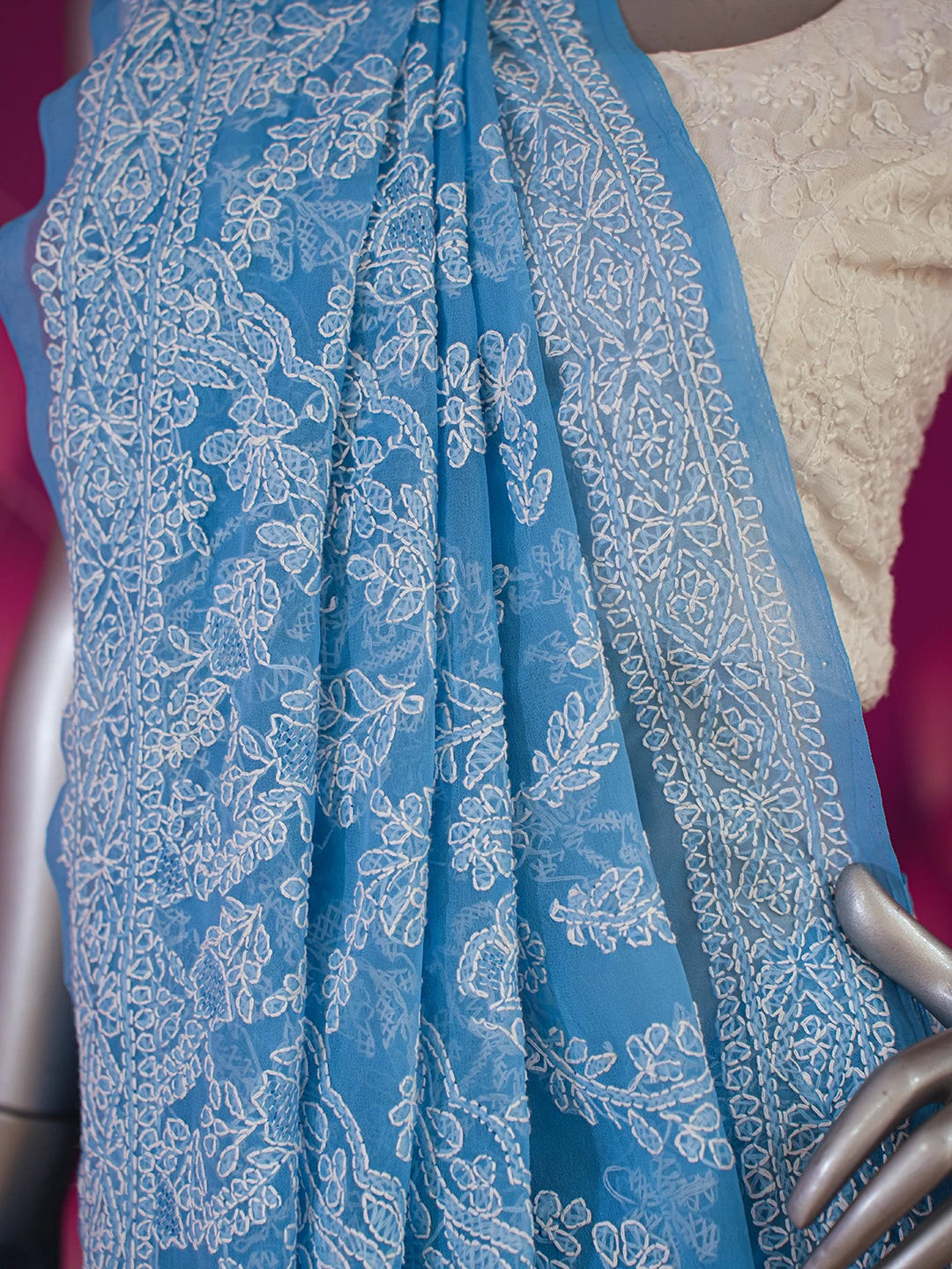 Ada Hand Embroidered Blue Georgette Lucknowi Chikankari Saree and Blouse 01A507050