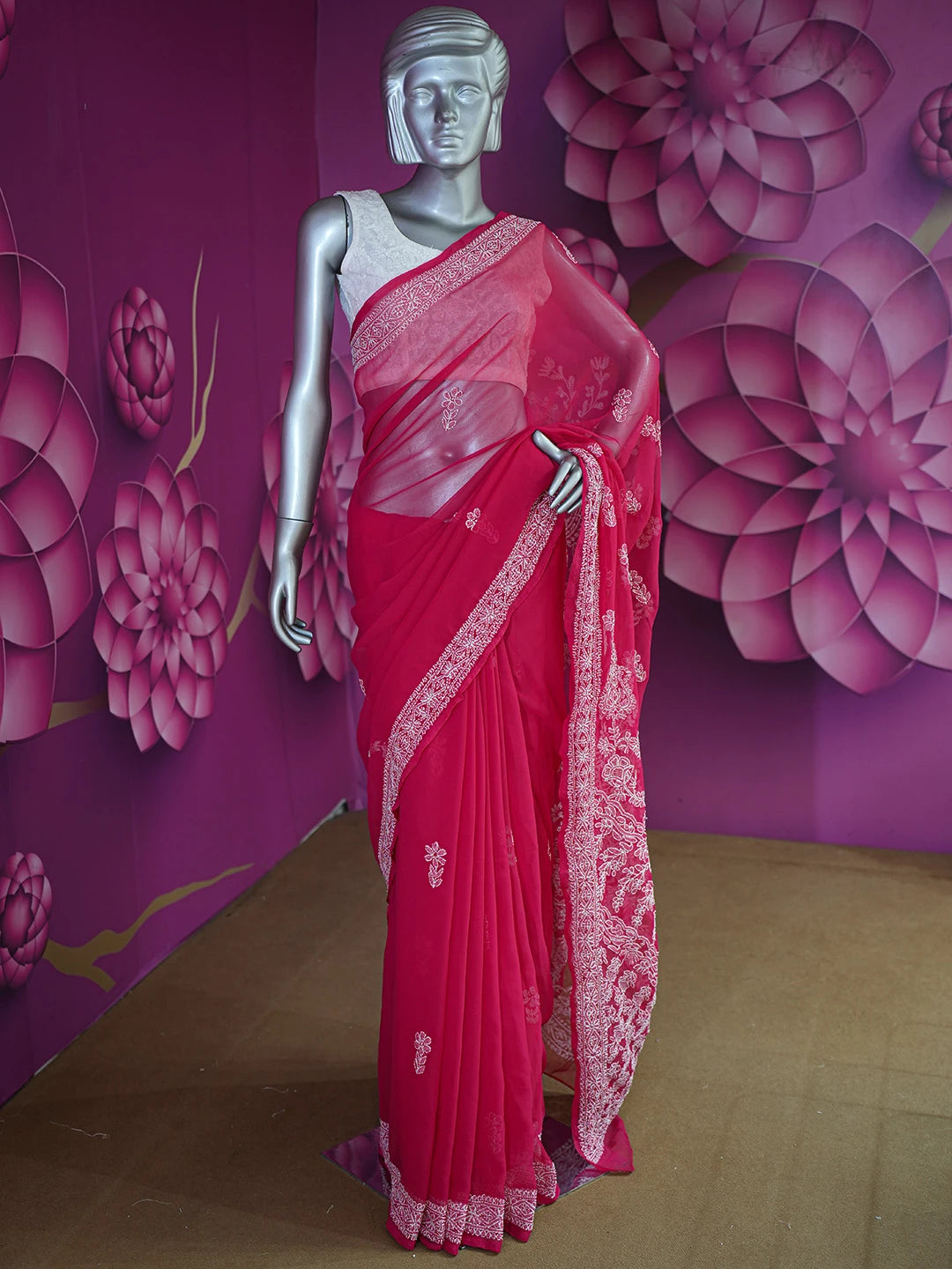 Ada Hand Embroidered Magenta Georgette Lucknowi Chikankari Saree and Blouse 01A627807