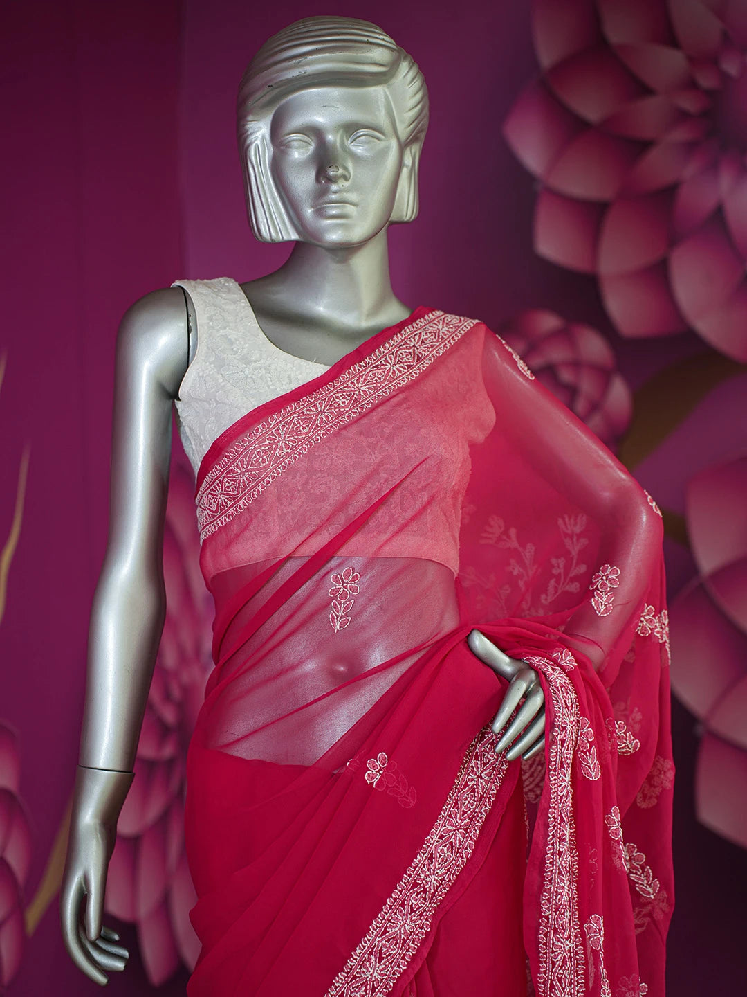 Ada Hand Embroidered Magenta Georgette Lucknowi Chikankari Saree and Blouse 01A627807