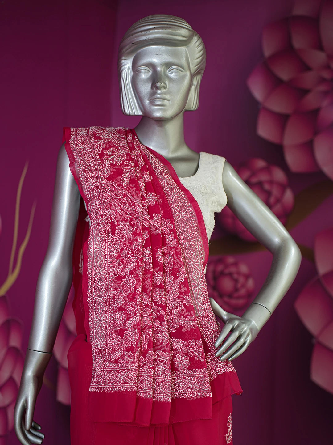Ada Hand Embroidered Magenta Georgette Lucknowi Chikankari Saree and Blouse 01A627807