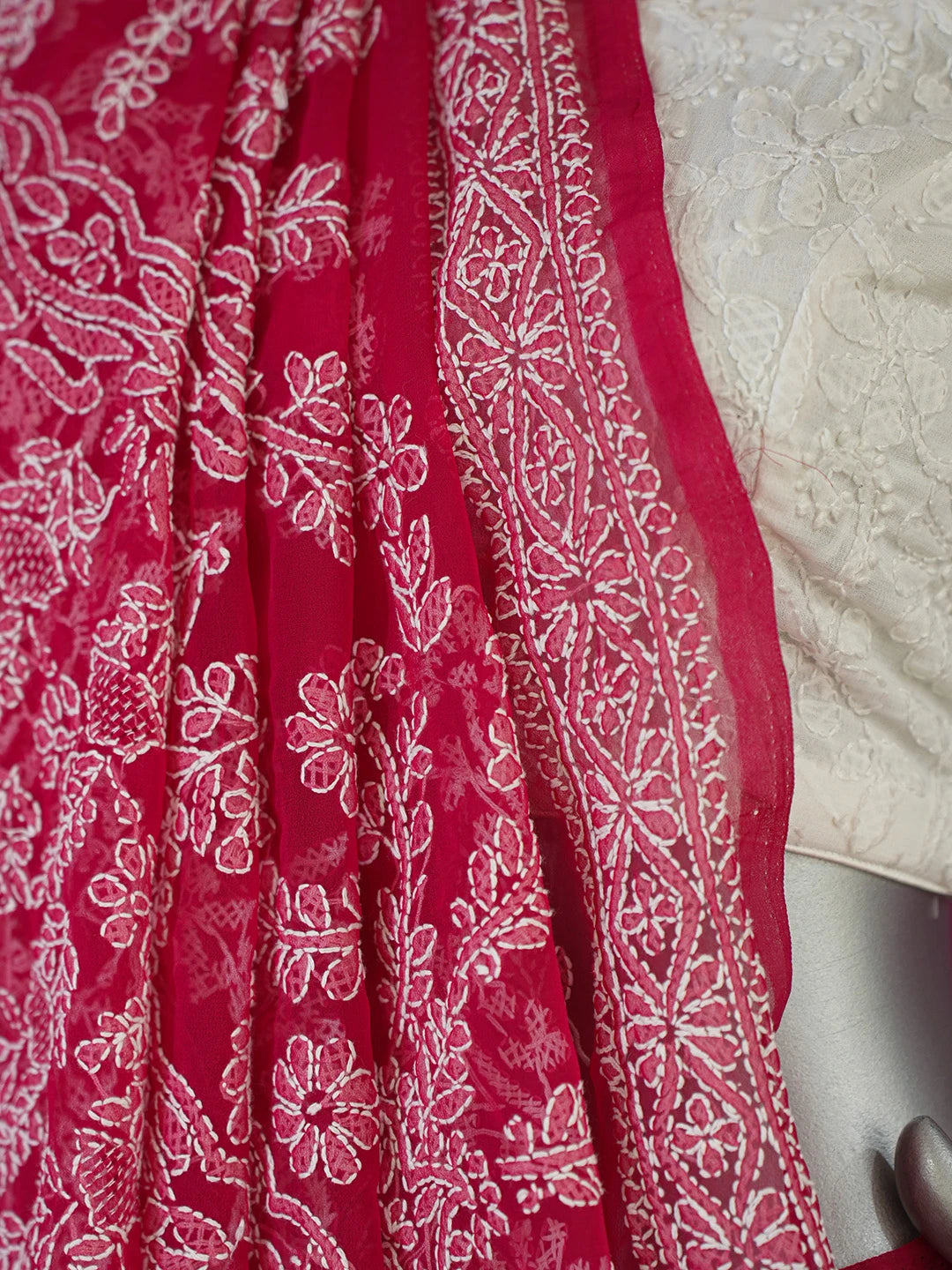 Ada Hand Embroidered Magenta Georgette Lucknowi Chikankari Saree and Blouse 01A627807
