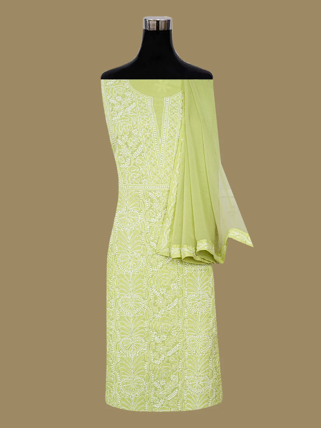 Ada Hand Embroidered Lime Green Cotton Lucknowi Chikankari Unstitched Suit Piece 01A670241