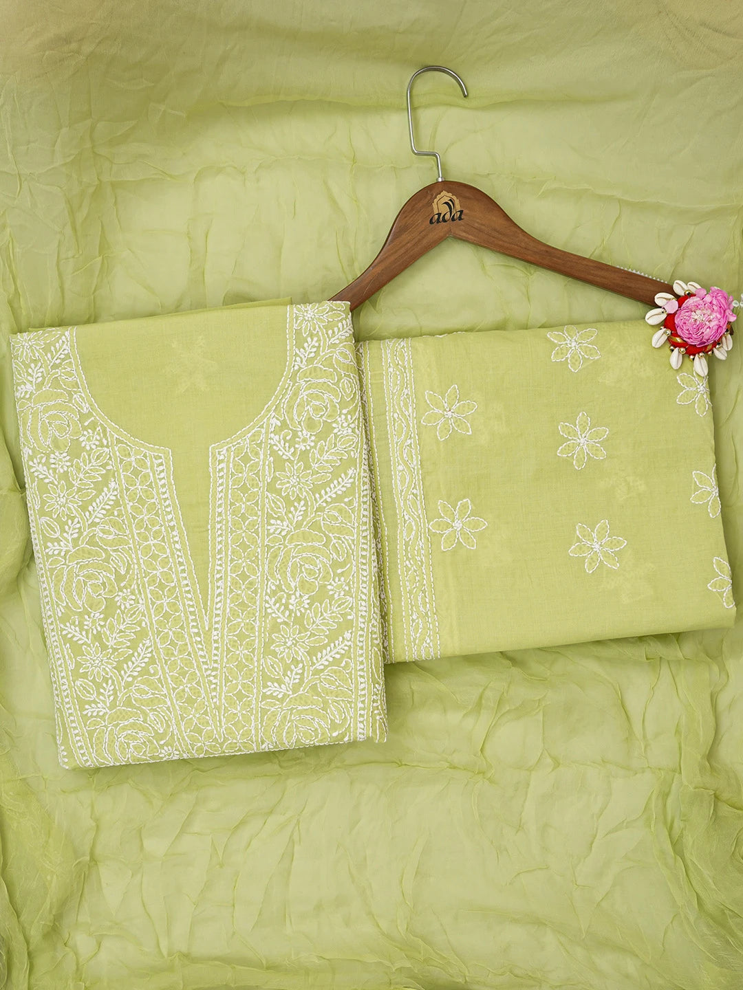 Ada Hand Embroidered Lime Green Cotton Lucknowi Chikankari Unstitched Suit Piece 01A670241