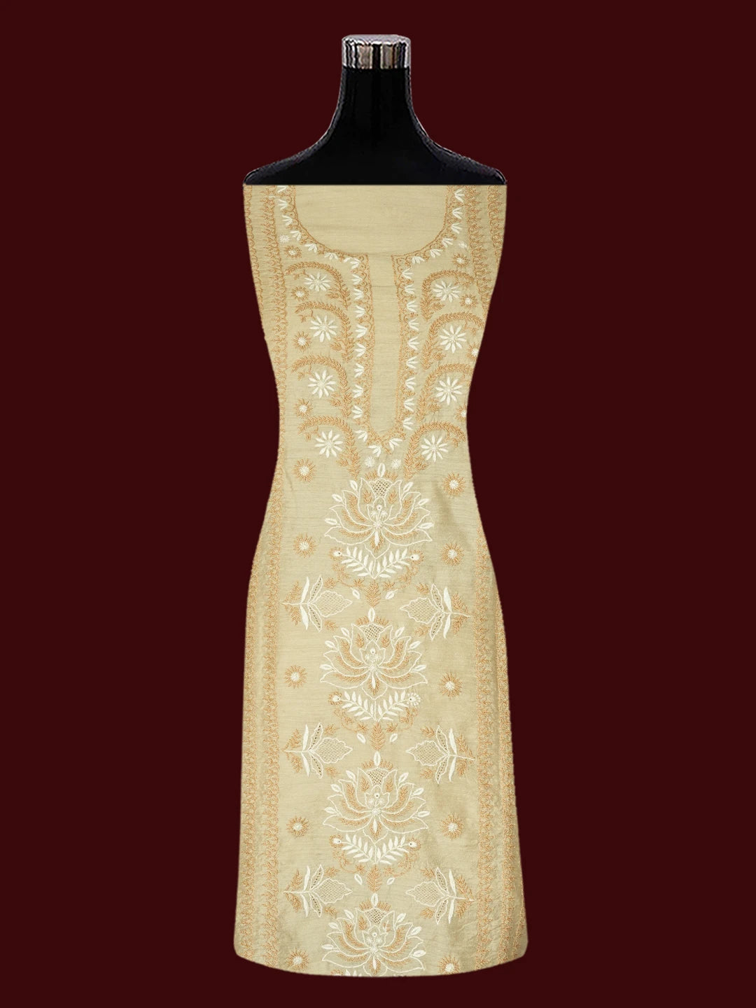 Ada Hand Embroidered Fawn Moonga Silk Lucknowi Chikankari Unstitched Kurta Dupatta Set 01A661174