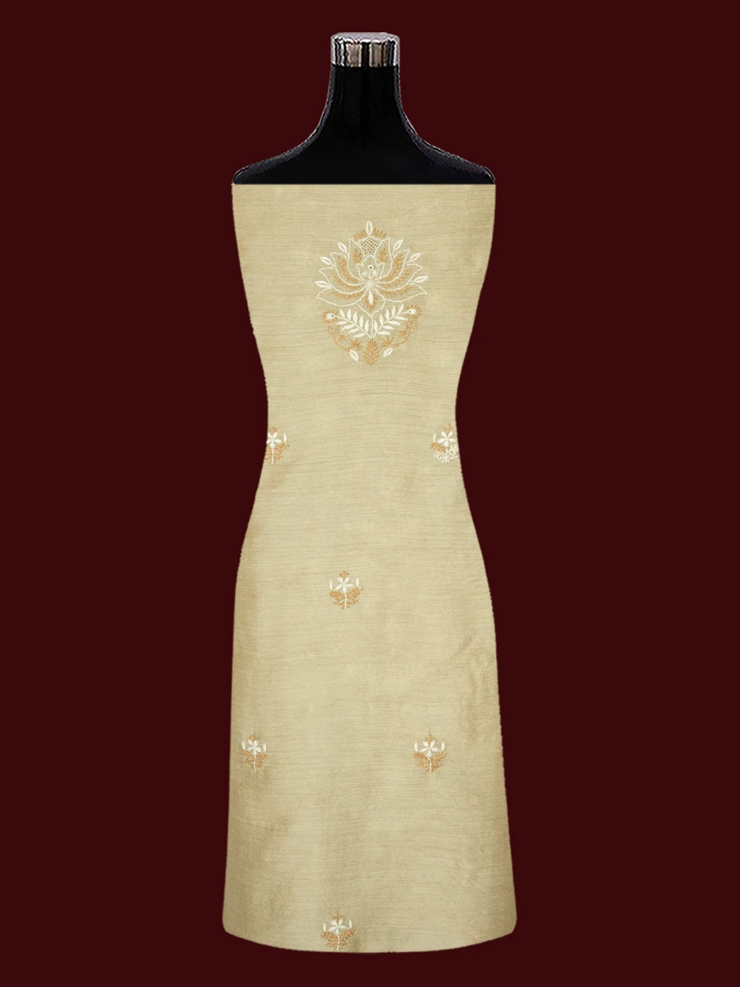 Ada Hand Embroidered Fawn Moonga Silk Lucknowi Chikankari Unstitched Kurta Dupatta Set 01A661174