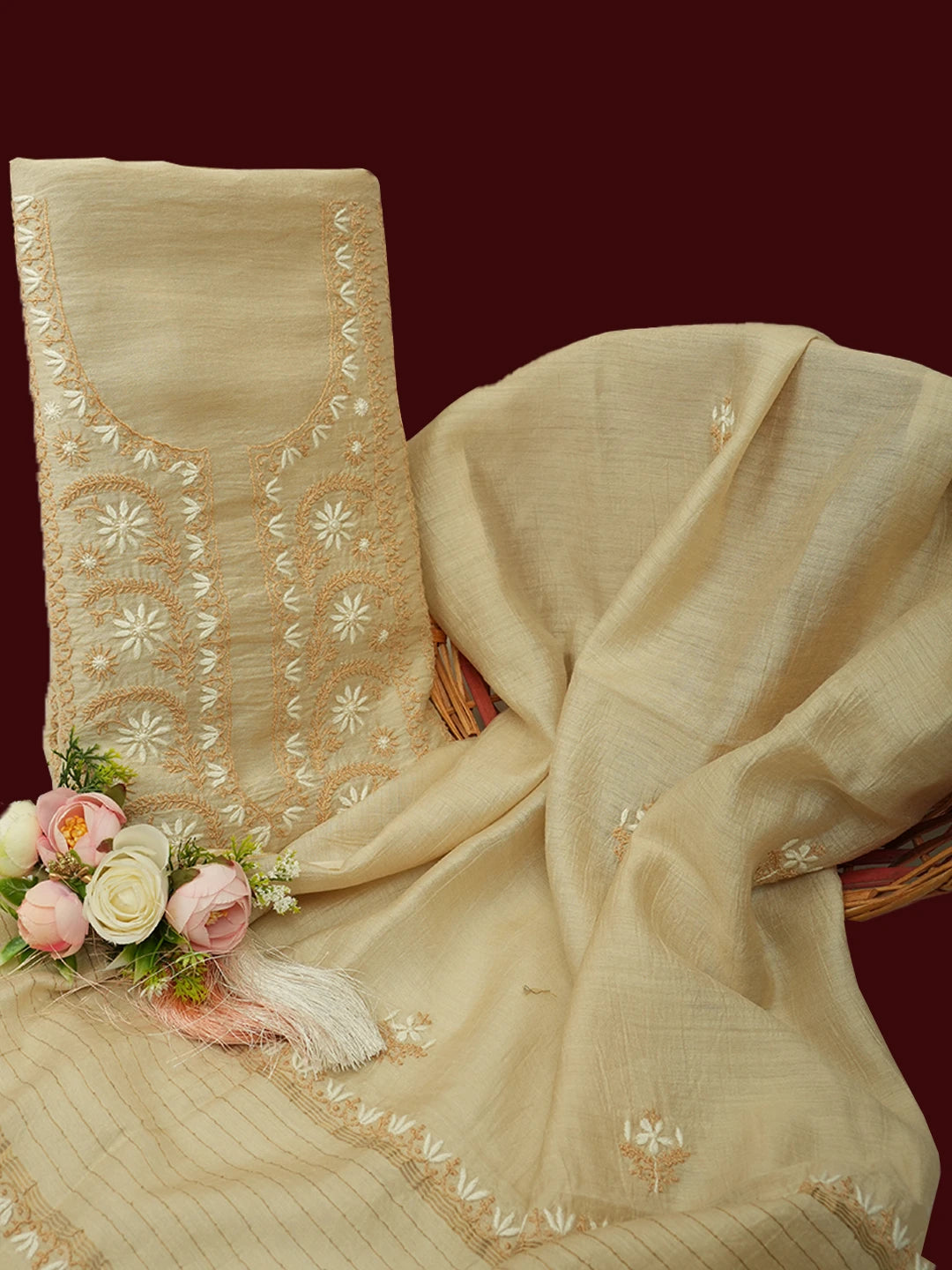Ada Hand Embroidered Fawn Moonga Silk Lucknowi Chikankari Unstitched Kurta Dupatta Set 01A661174