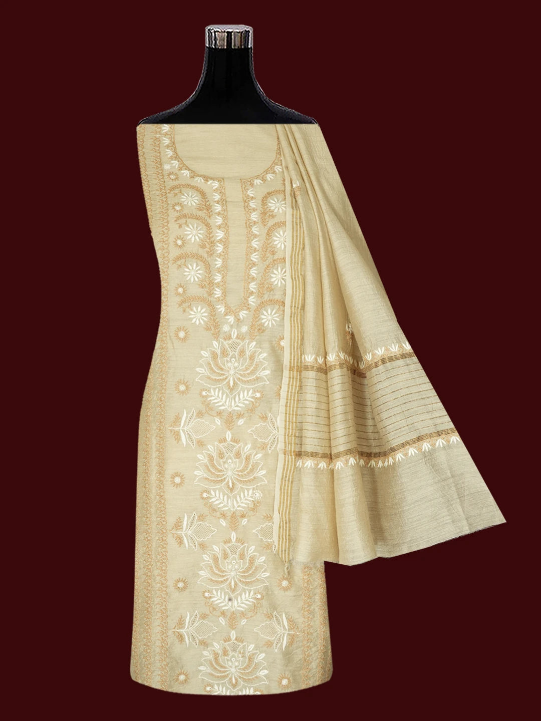 Ada Hand Embroidered Fawn Moonga Silk Lucknowi Chikankari Unstitched Kurta Dupatta Set 01A661174