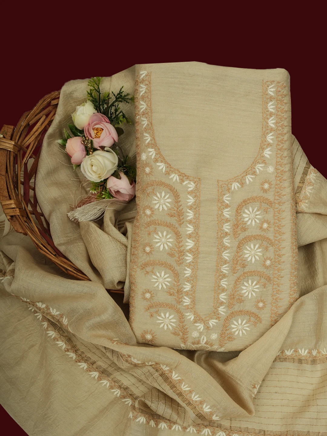 Ada Hand Embroidered Fawn Moonga Silk Lucknowi Chikankari Unstitched Kurta Dupatta Set 01A661174