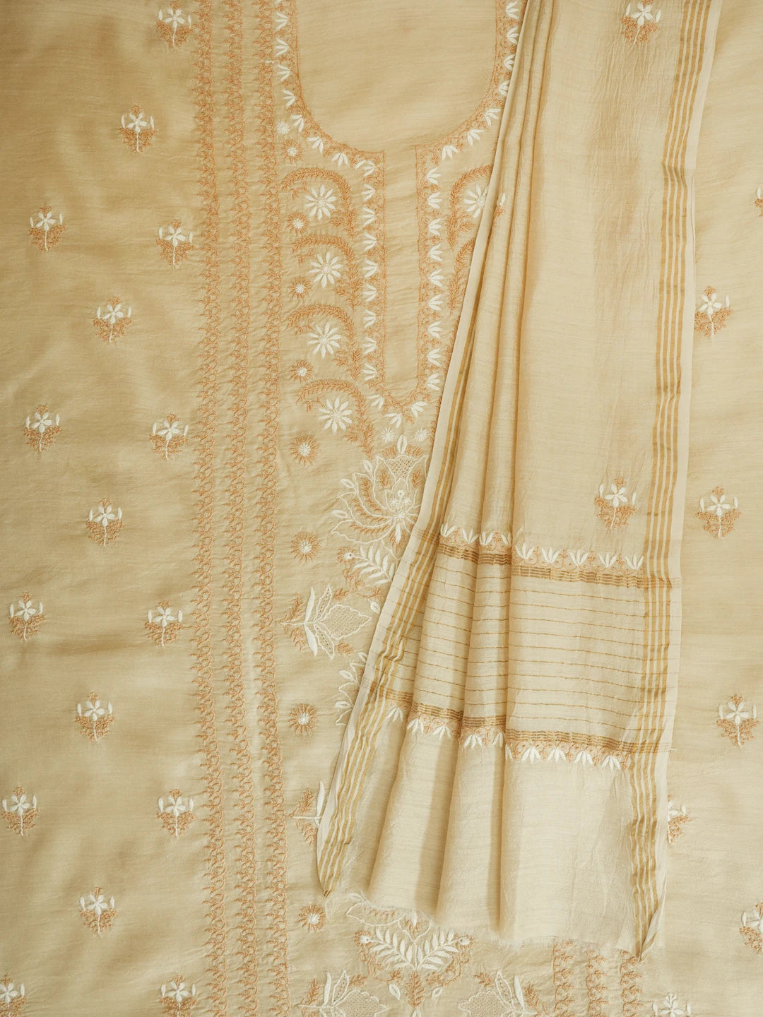 Ada Hand Embroidered Fawn Moonga Silk Lucknowi Chikankari Unstitched Kurta Dupatta Set 01A661174