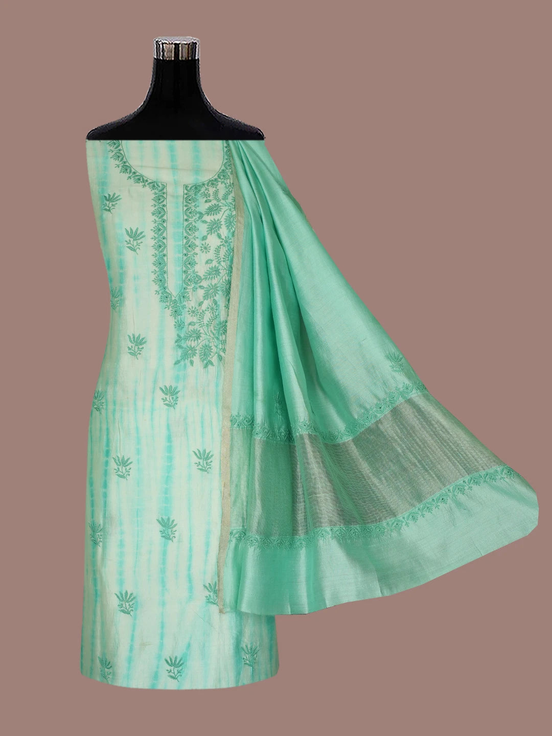Ada Hand Embroidered Sea Green Silk Lucknowi Chikankari Unstitched Kurta Dupatta Set 01A647775