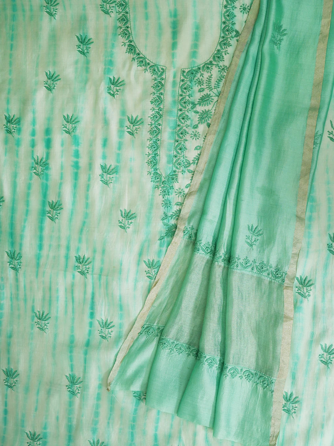 Ada Hand Embroidered Sea Green Silk Lucknowi Chikankari Unstitched Kurta Dupatta Set 01A647775