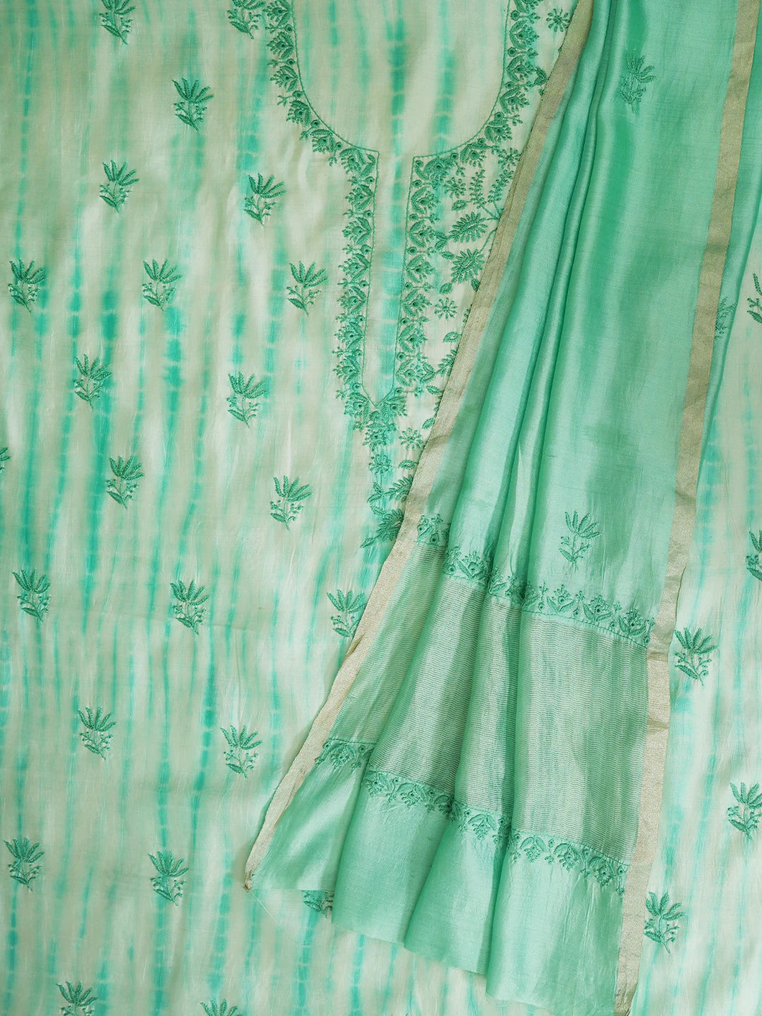 Ada Hand Embroidered Sea Green Silk Lucknowi Chikankari Unstitched Kurta Dupatta Set 01A647775