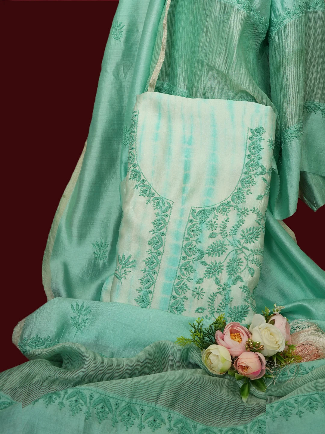 Ada Hand Embroidered Sea Green Silk Lucknowi Chikankari Unstitched Kurta Dupatta Set 01A647775