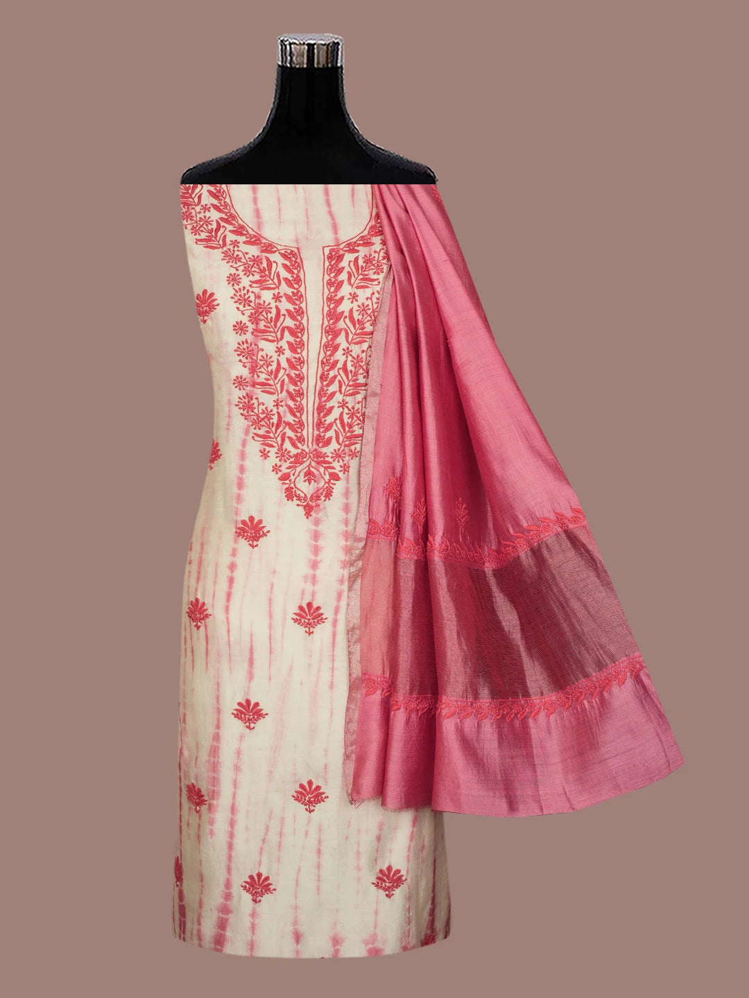 Ada Hand Embroidered Carrot Pink Silk Lucknowi Chikankari Unstitched Kurta Dupatta Set 01A641958
