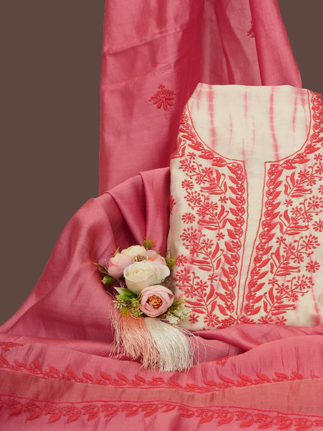 Ada Hand Embroidered Carrot Pink Silk Lucknowi Chikankari Unstitched Kurta Dupatta Set 01A641958