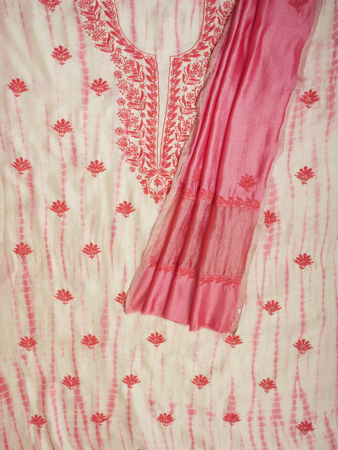 Ada Hand Embroidered Carrot Pink Silk Lucknowi Chikankari Unstitched Kurta Dupatta Set 01A641958