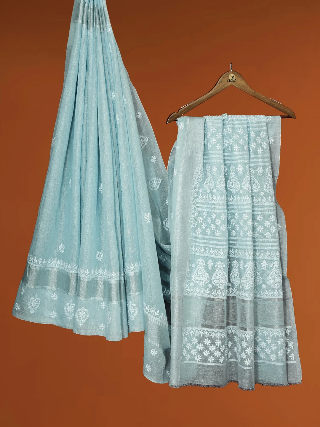 Ada Hand Embroidered Sky Blue Chanderi Lucknowi Chikankari Saree With Blouse 01A605001