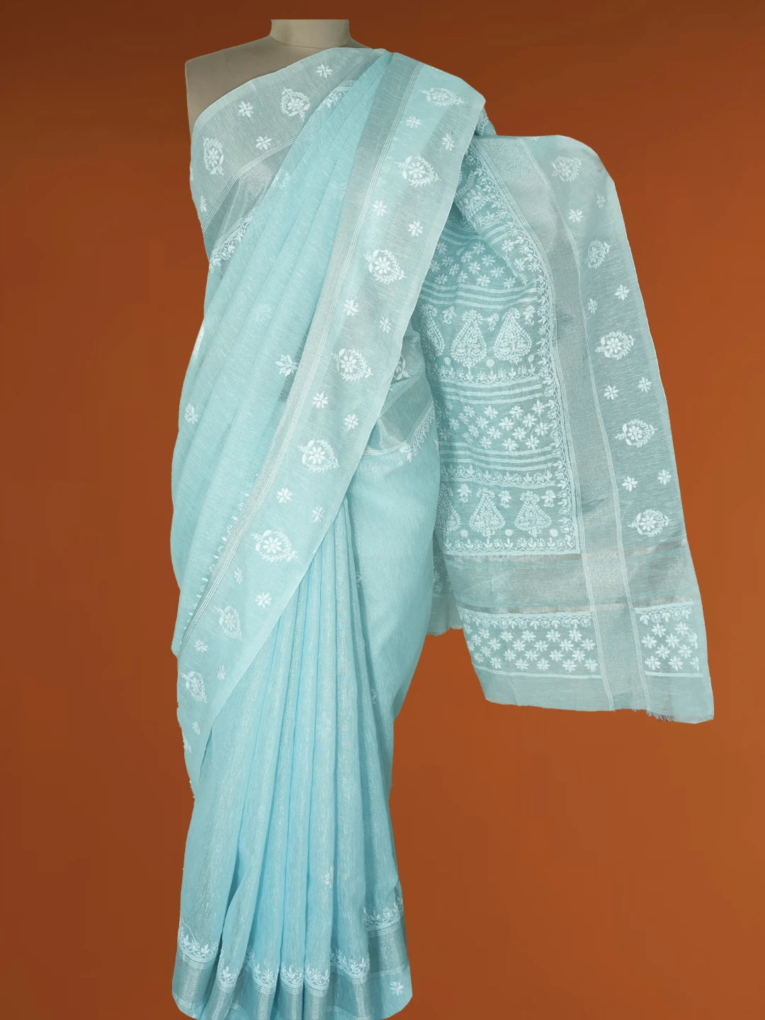 Ada Hand Embroidered Sky Blue Chanderi Lucknowi Chikankari Saree With Blouse 01A605001
