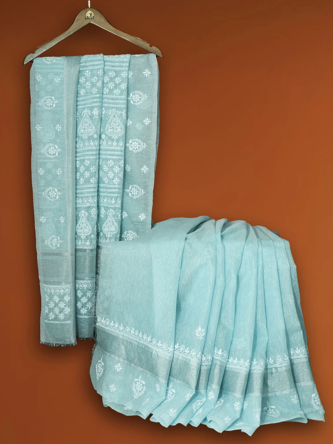 Ada Hand Embroidered Sky Blue Chanderi Lucknowi Chikankari Saree With Blouse 01A605001