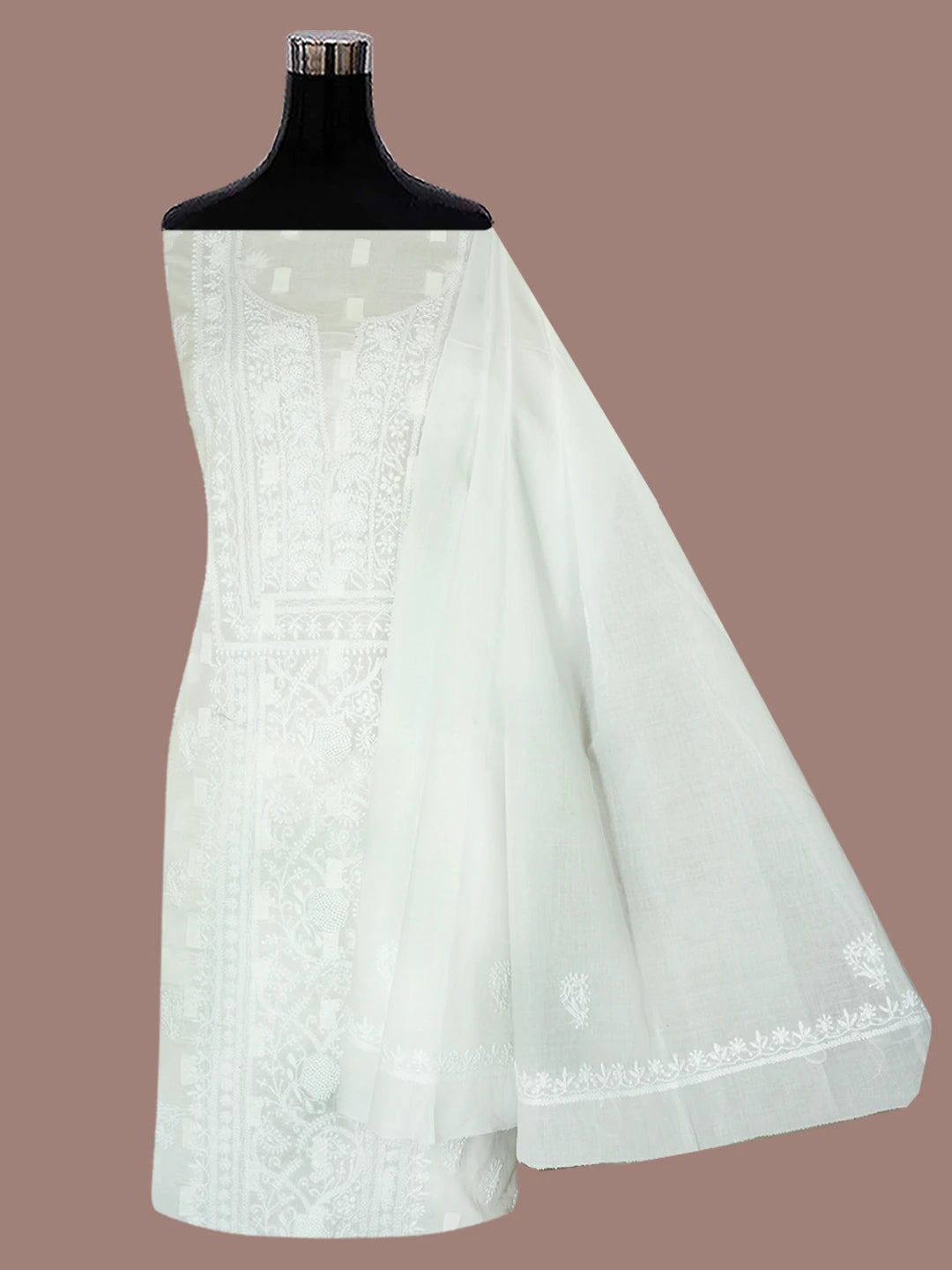 Ada Hand Embroidered White Cotton Lucknowi Chikankari Unstitched Kurta Dupatta Set 01A580342