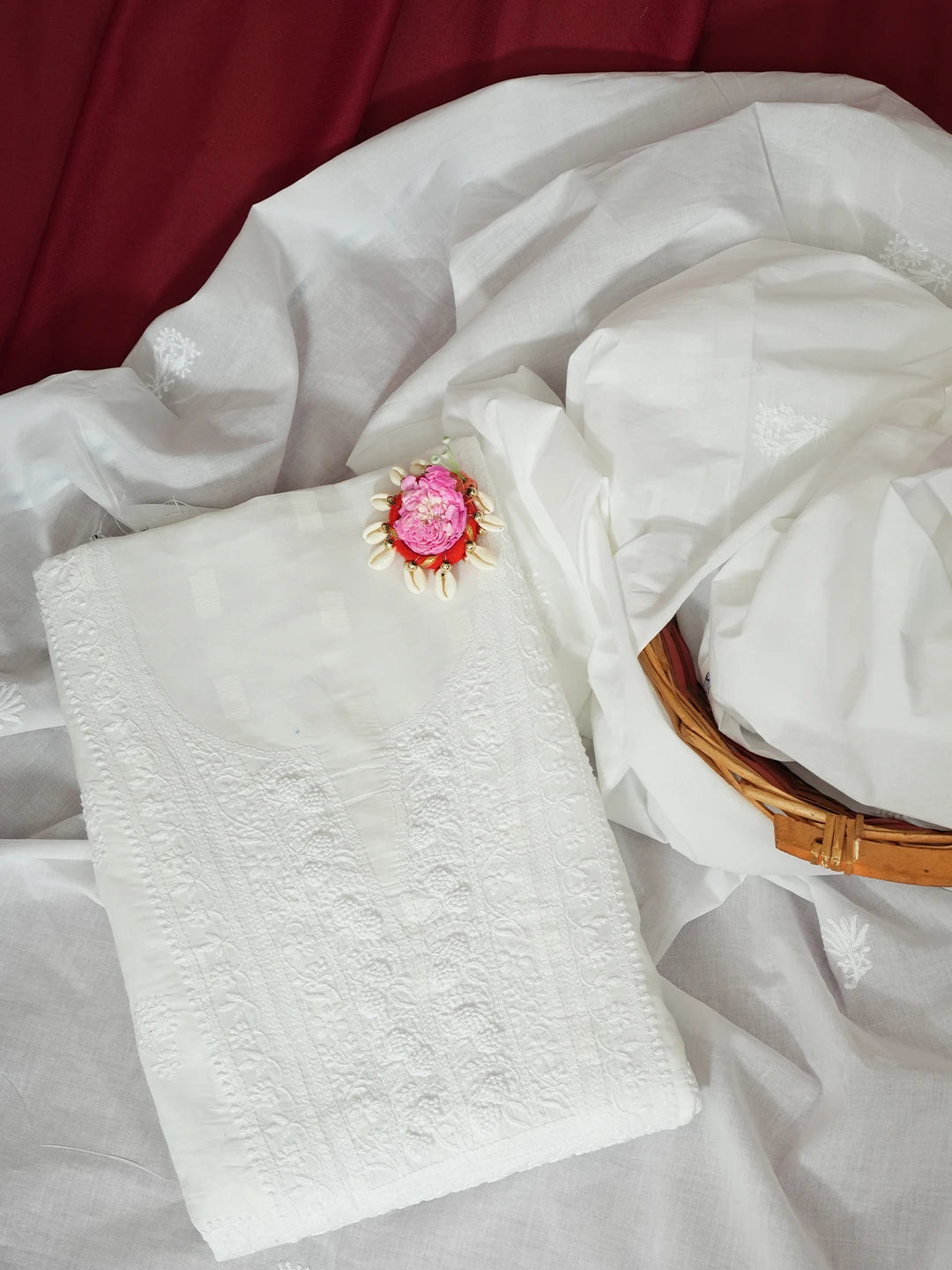 Ada Hand Embroidered White Cotton Lucknowi Chikankari Unstitched Kurta Dupatta Set 01A580342