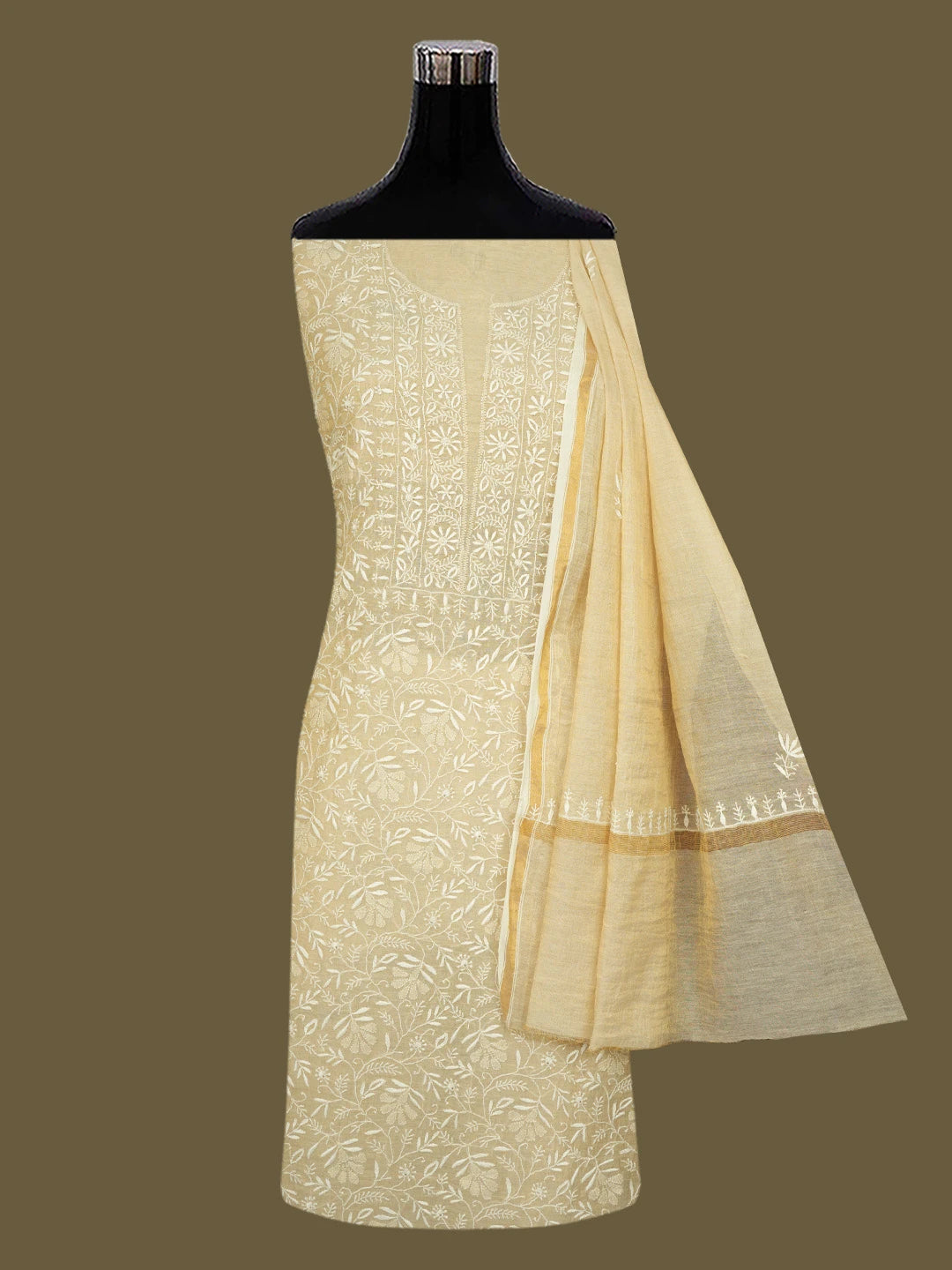 Ada Hand Embroidered Fawn Tissue Lucknowi Chikankari Unstitched Kurta Dupatta Set 01A653799