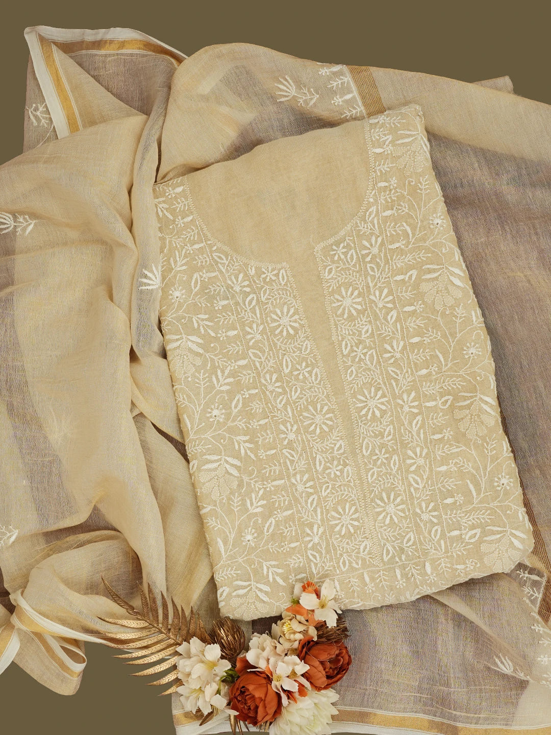 Ada Hand Embroidered Fawn Tissue Lucknowi Chikankari Unstitched Kurta Dupatta Set 01A653799