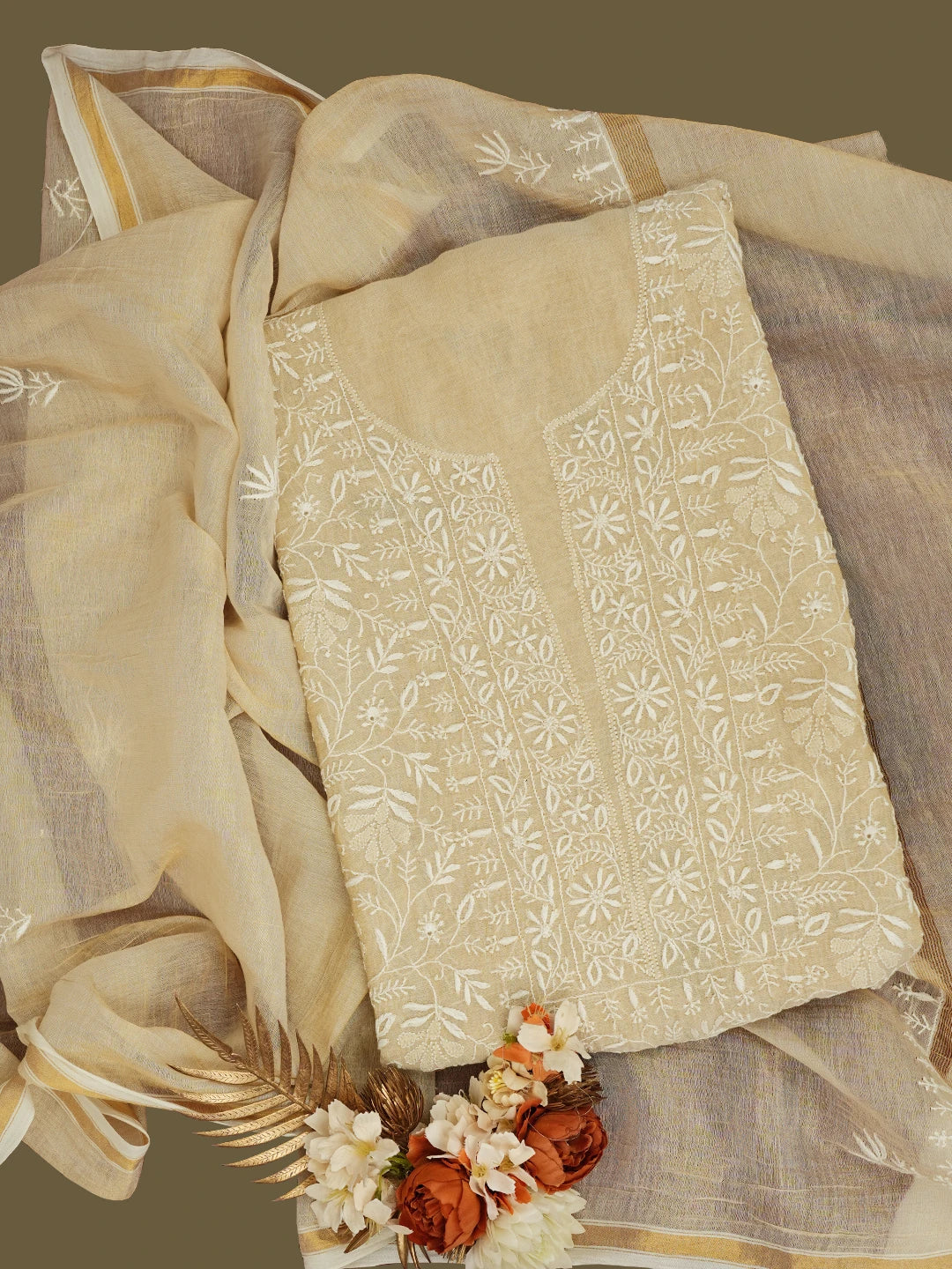 Ada Hand Embroidered Fawn Tissue Lucknowi Chikankari Unstitched Kurta Dupatta Set 01A653799
