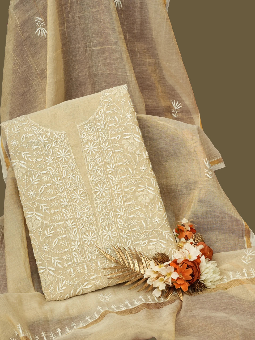 Ada Hand Embroidered Fawn Tissue Lucknowi Chikankari Unstitched Kurta Dupatta Set 01A653799