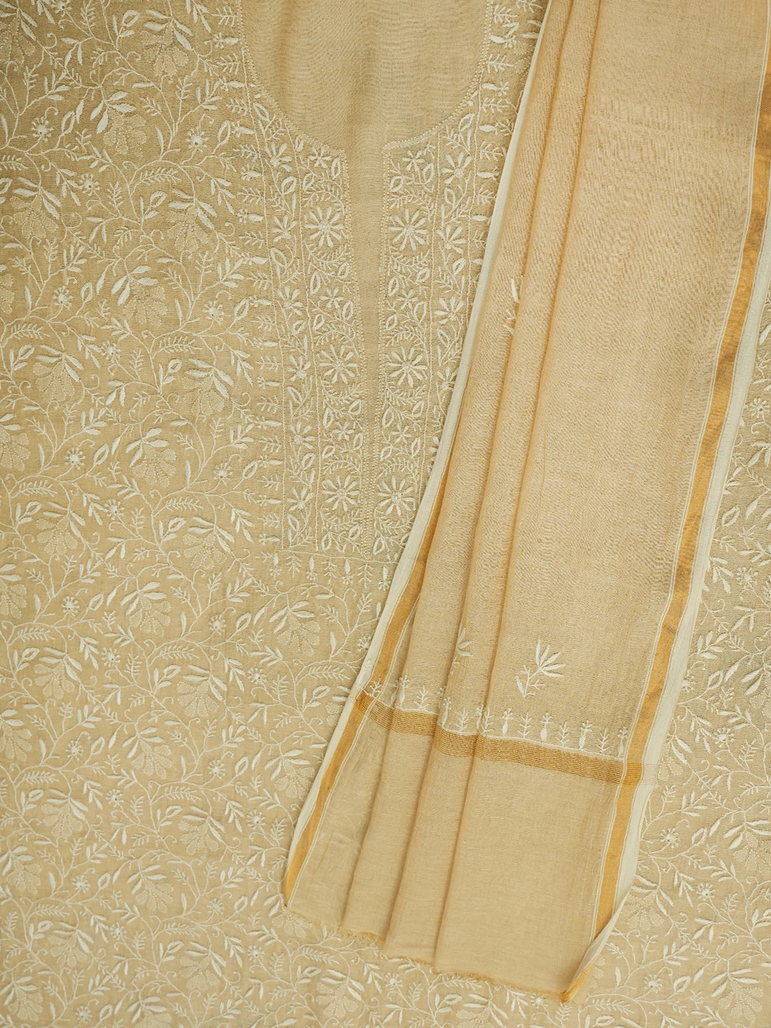 Ada Hand Embroidered Fawn Tissue Lucknowi Chikankari Unstitched Kurta Dupatta Set 01A653799