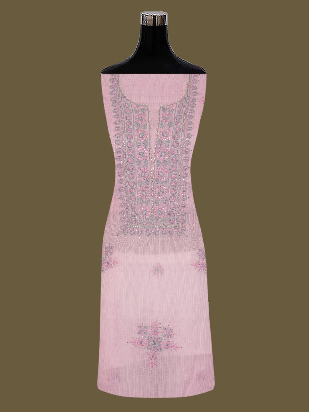 Ada Hand Embroidered Pink Kota Lucknowi Chikankari Unstitched Kurta Dupatta Set With Mukaish/Muqaish Work 01A638449