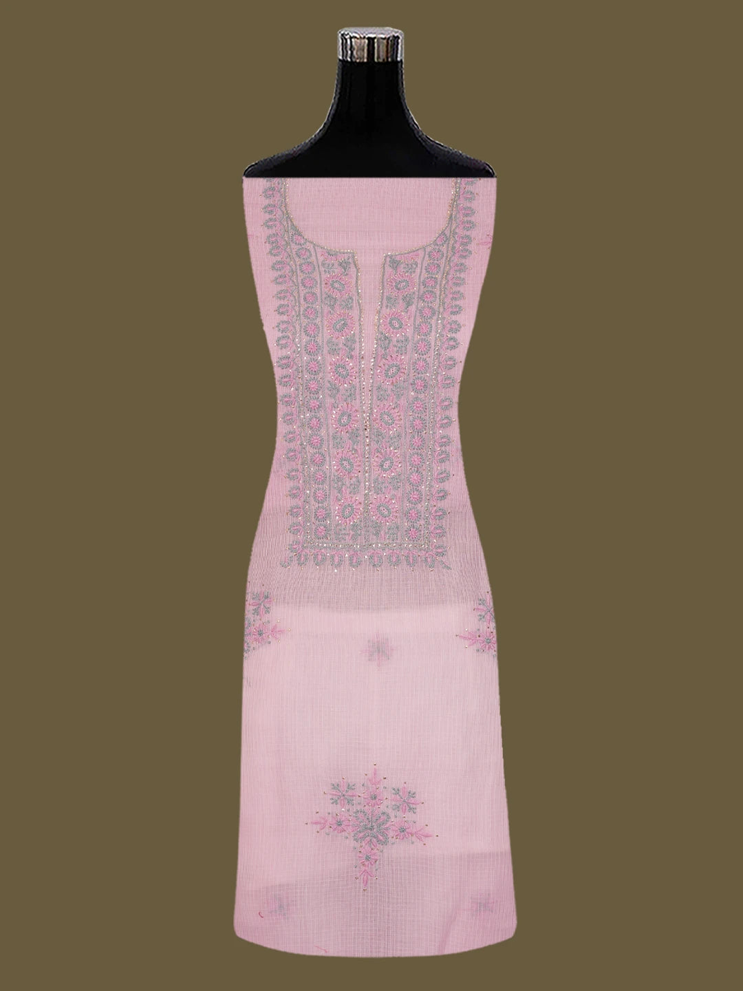 Ada Hand Embroidered Pink Kota Lucknowi Chikankari Unstitched Kurta Dupatta Set With Mukaish/Muqaish Work 01A638449