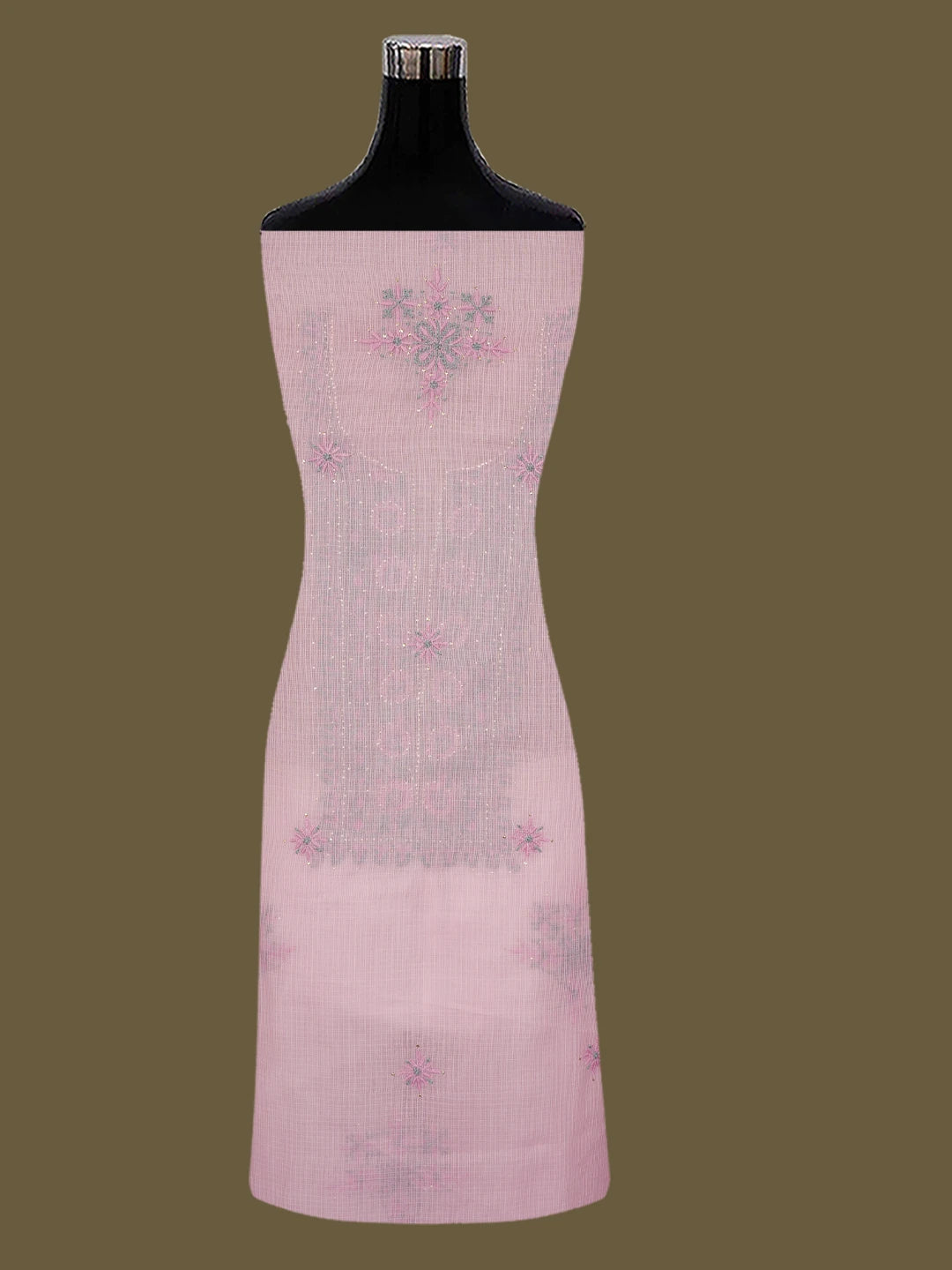 Ada Hand Embroidered Pink Kota Lucknowi Chikankari Unstitched Kurta Dupatta Set With Mukaish/Muqaish Work 01A638449