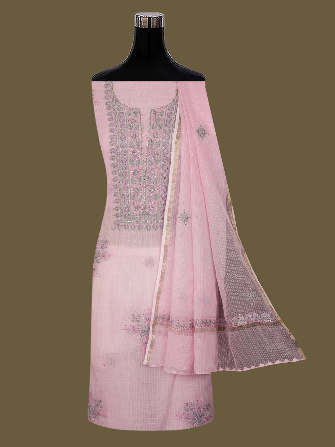Ada Hand Embroidered Pink Kota Lucknowi Chikankari Unstitched Kurta Dupatta Set With Mukaish/Muqaish Work 01A638449