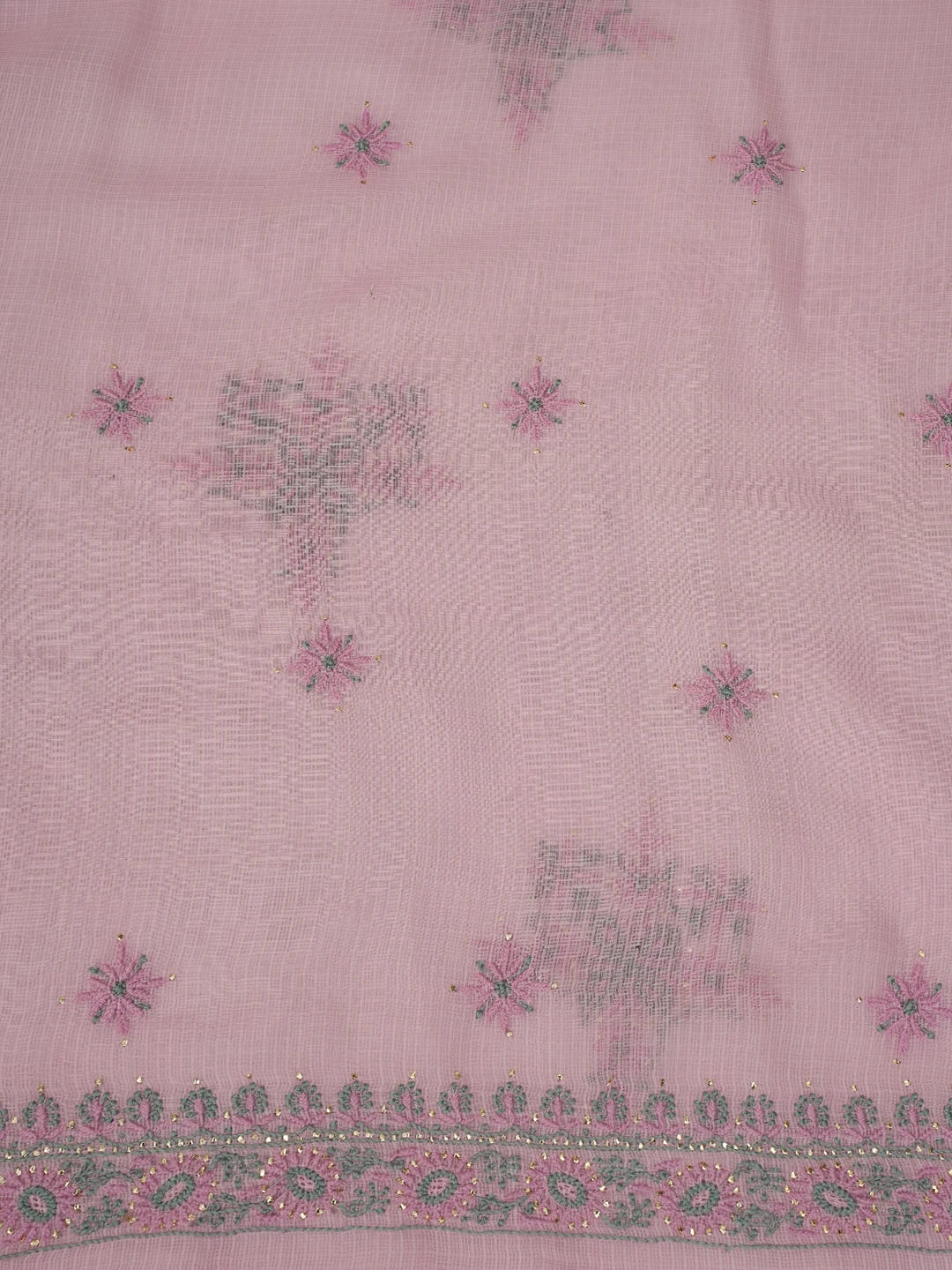 Ada Hand Embroidered Pink Kota Lucknowi Chikankari Unstitched Kurta Dupatta Set With Mukaish/Muqaish Work 01A638449