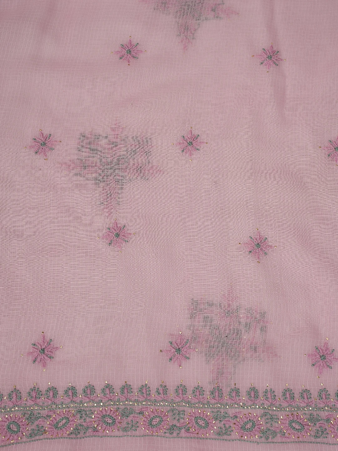 Ada Hand Embroidered Pink Kota Lucknowi Chikankari Unstitched Kurta Dupatta Set With Mukaish/Muqaish Work 01A638449
