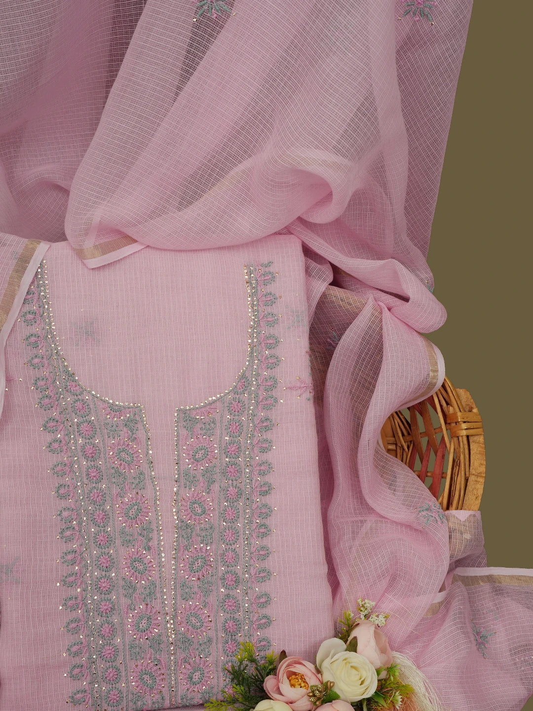 Ada Hand Embroidered Pink Kota Lucknowi Chikankari Unstitched Kurta Dupatta Set With Mukaish/Muqaish Work 01A638449